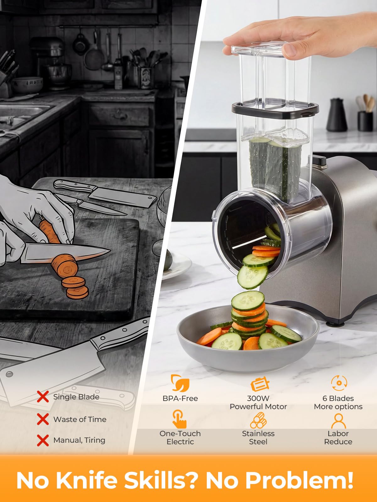 FOHERE Rallador de Queso Eléctrico 300W & Cortador de Verduras | 6 en 1 Cuchillas para Verduras Procesador de Alimentos de un Botón Para Cortar, Rallar y Moler Queso, Verduras