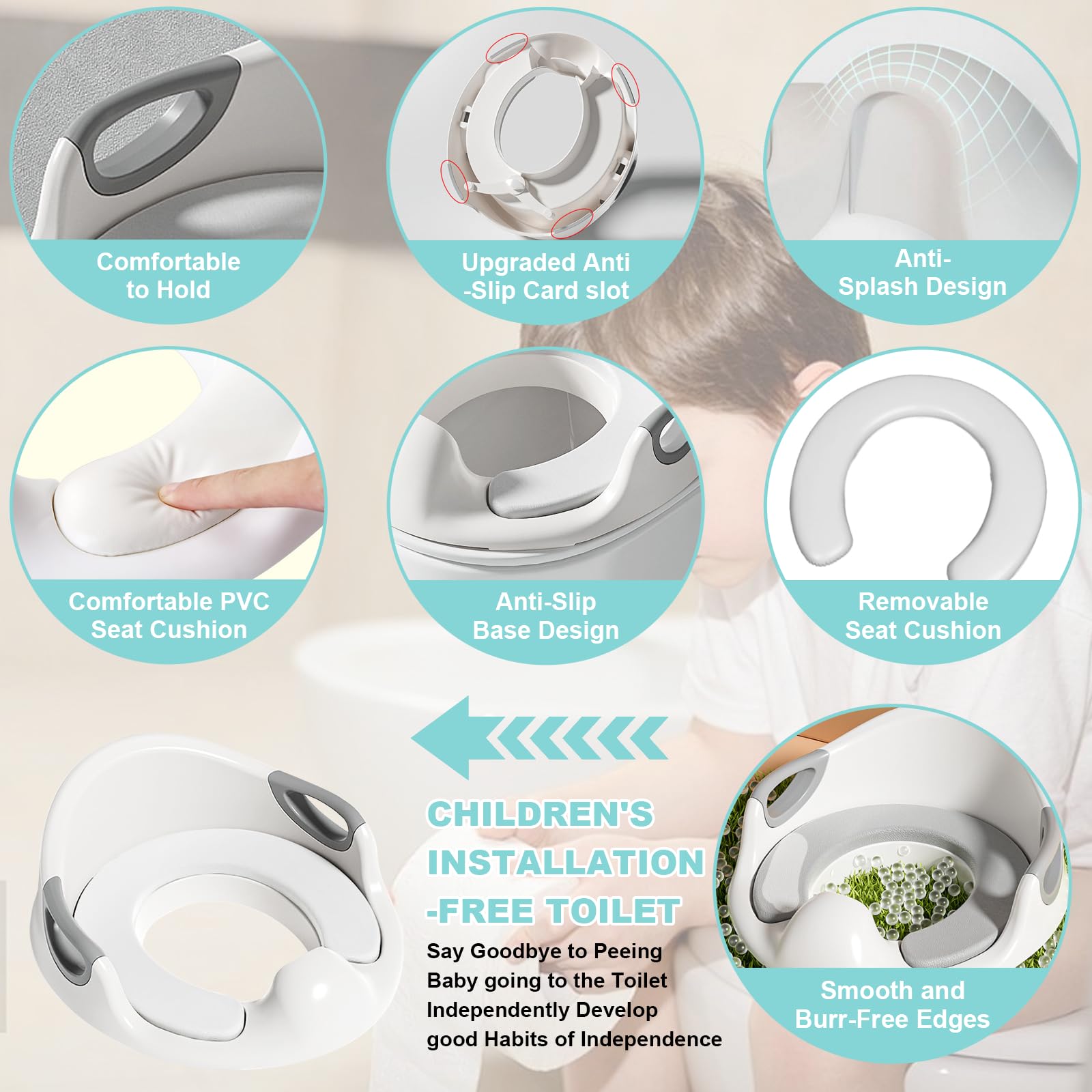 Réducteur Toilette Enfant, Rehausseur WC Enfant, Adaptateur Toilette Enfant avec Poignée et Dossier,Réducteurs de Toilettes Antidérapante pour Garçons et Filles pour Bébé de 1 à 7 Ans