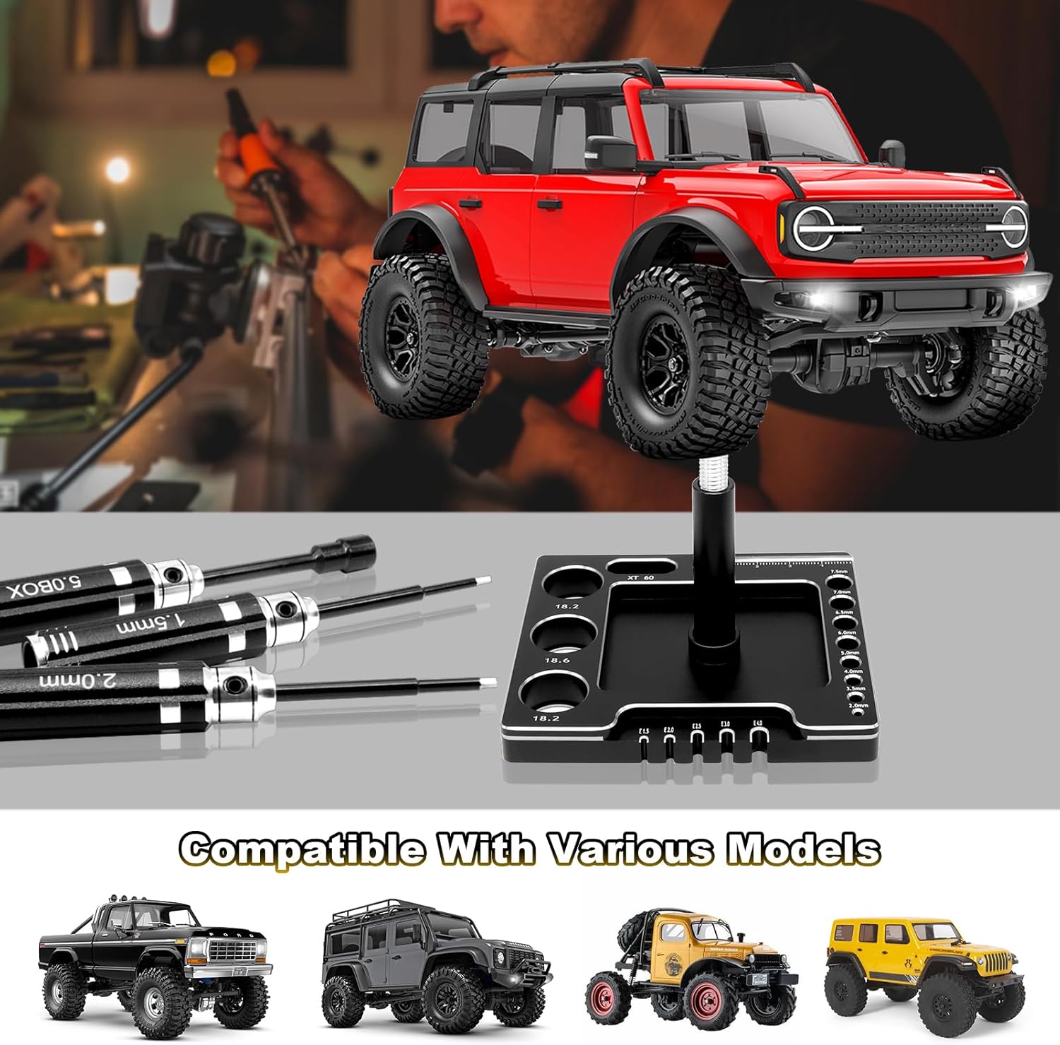 OGRC 7 in 1 Multifunctional RC Car Work Stand RC Repair Stand with 7Pcs Screwdrivers and 1/24 RC Screw Kit for AXIAL SCX24 AX24 1/24 RC Car (Black)