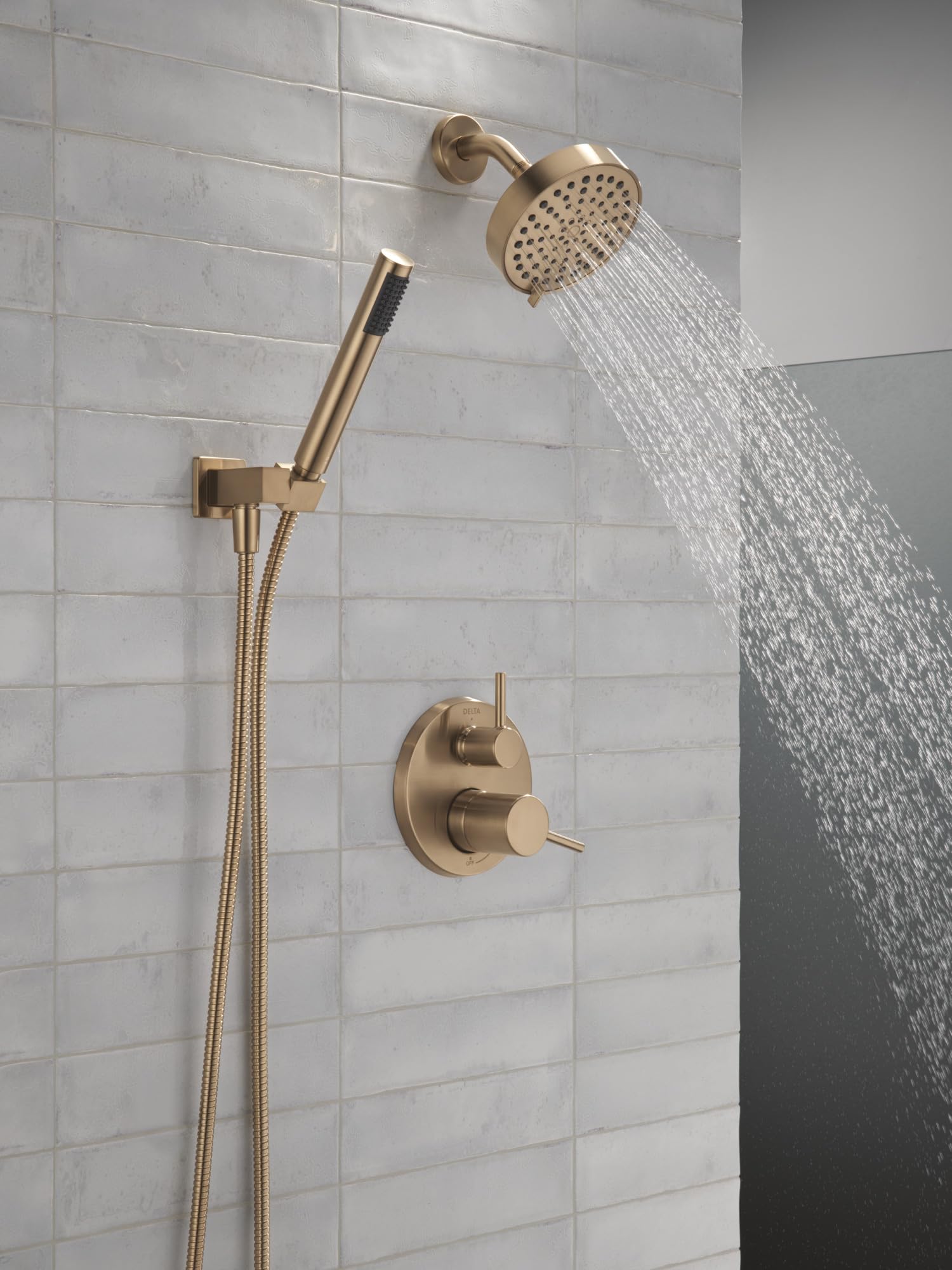 Delta Brushed Gold Shower System - Raincan & Handheld -2 Delta Brushed Gold Shower System - Raincan & Handheld -2