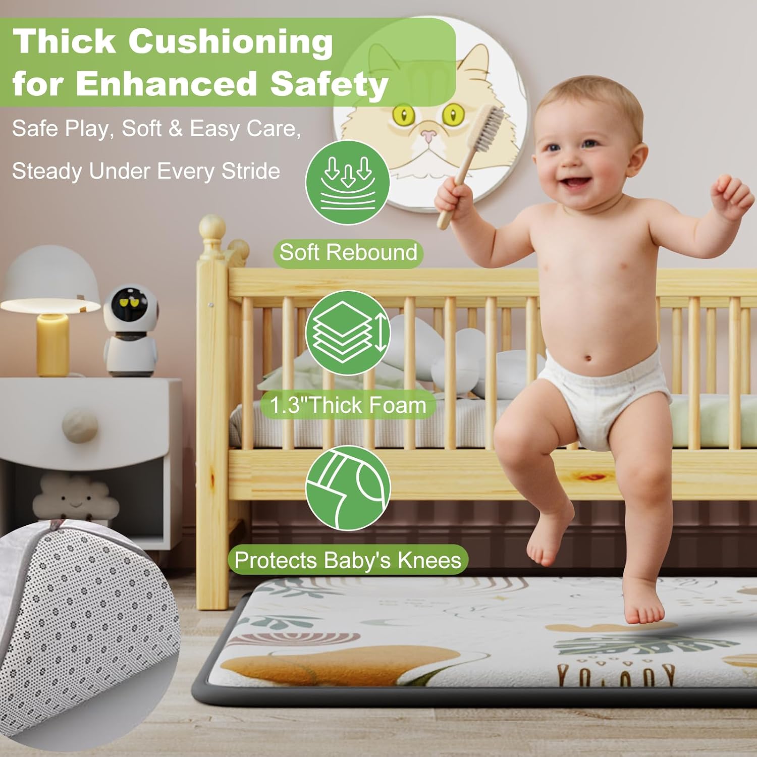 1.3" Thick Baby Play Mat for Floor, Elasti-Foam 50x50 Playpen Mat, Water Repellent Ultra Soft Coral Velvet Tummy Time Crawling Mats for Kid Toddlers Infants, Non-Slip Backing Safe for Earth Tones
