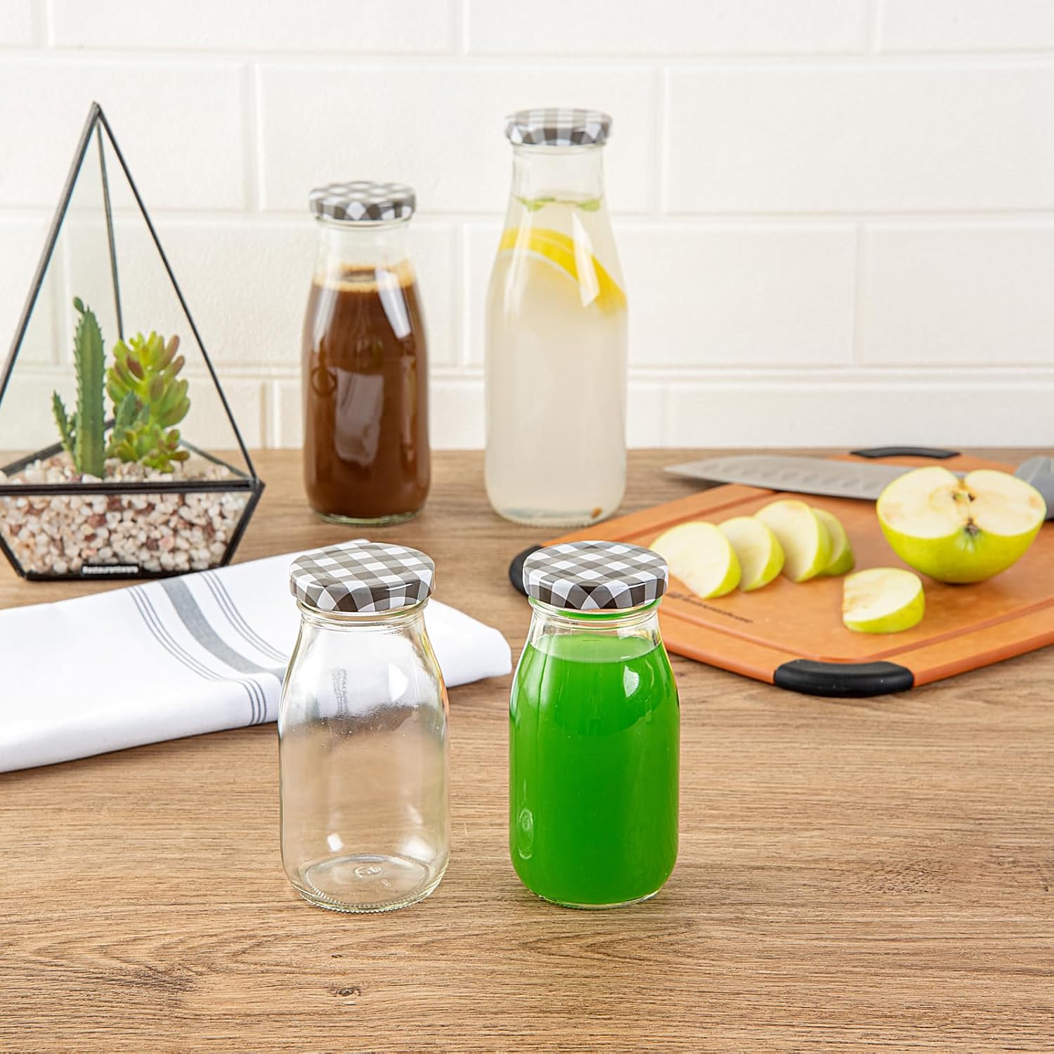 Restaurantware-French Countryside 6 Ounce Glass Bottles, 10 Durable Juice Bottles - With Black Plaid Lid, Dishwashable, Clear Glass Countryside Bottle, For Hot And Cold Beverages