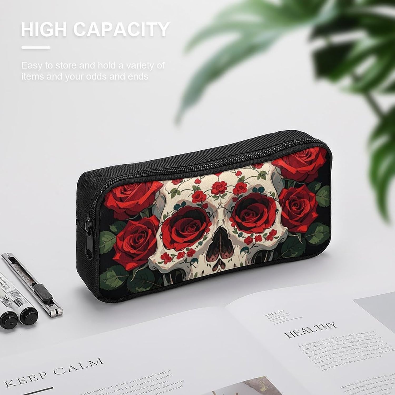 Red Rose Skeleton Pencil Case Large Capacity Pencil Pouch image 4
