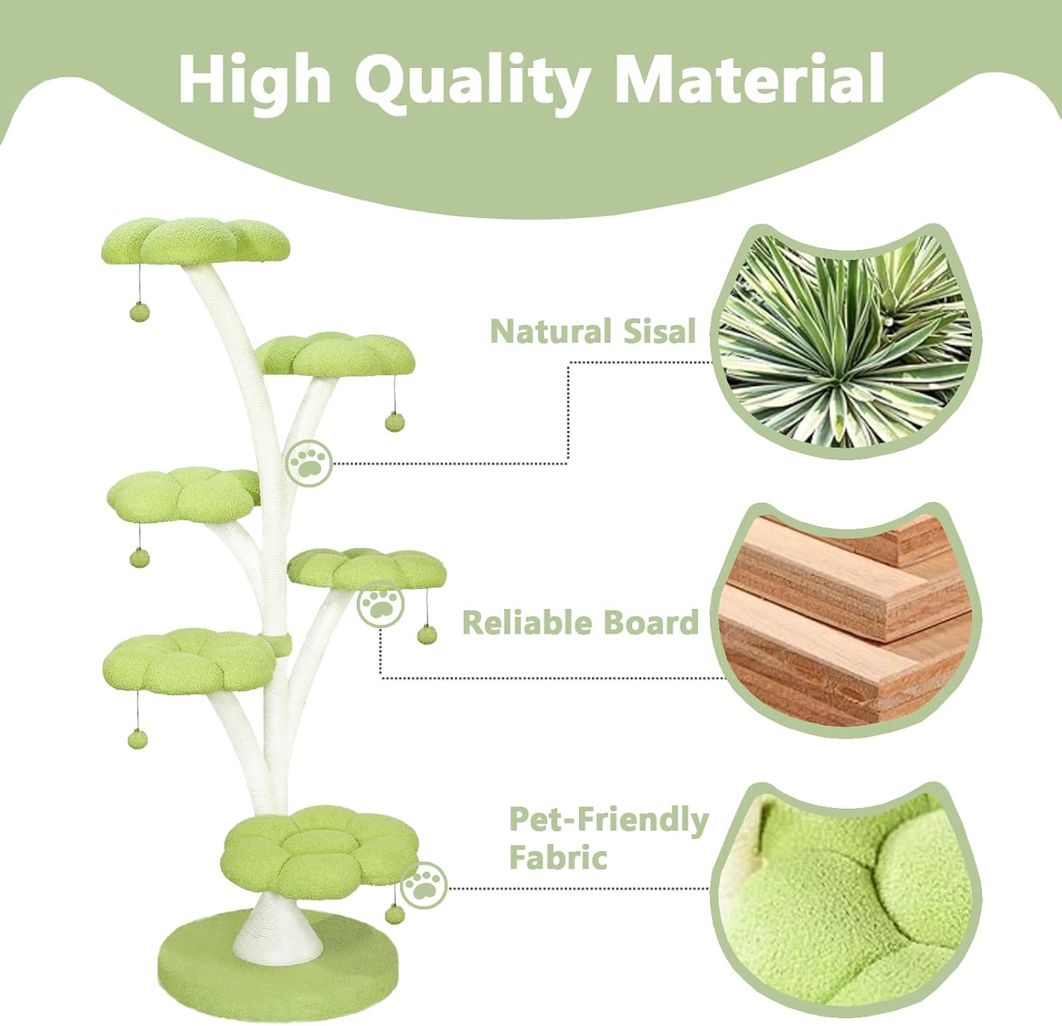 Cat Tree Tower Petal Shaped Modern Cat Scratching Post Multi-Layer Platform (Green, 71inch)