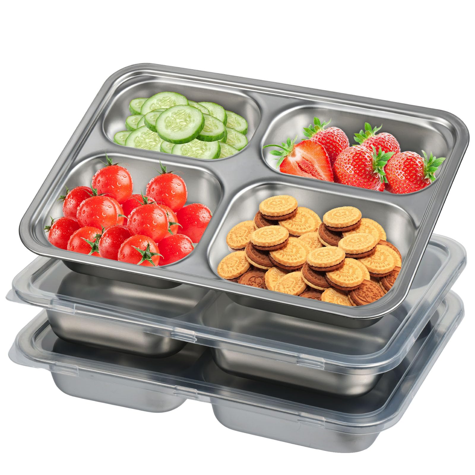 CIEOVO 3 Pieces Stainless Steel Snack Containers with Lids, Balanced Bites Divided Plates 4 Compartments Divided Food Storage Container Portion Control Metal Lunch Tray for School Home Travel