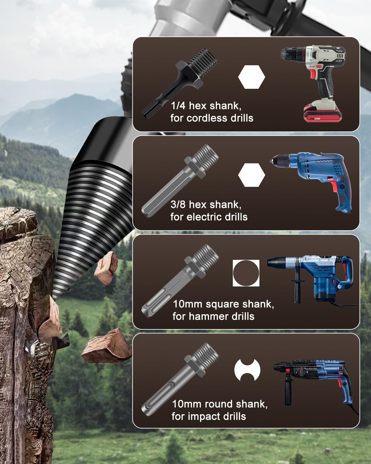 6 Pcs Wood Splitter Drill Bits, 45mm+32mm Firewood Log Splitter Kindling Detachable Design, Heavy Duty Electric Drills Screw Cone Driver Removable, Wood Splitting Wedge Tools