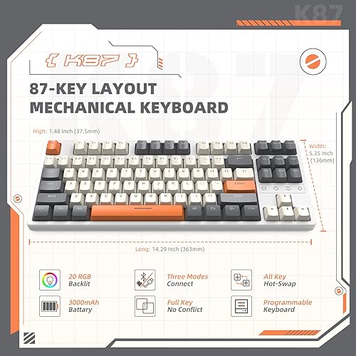 Miniatura 2 de ZIYOU LANG K87 TKL Teclado mecánico inalámbrico intercambiable en caliente para juegos con cable USB C en espiral personalizado, modo triple