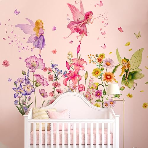 Miniatura 6 de Supzone Calcomanías de pared de hada de flores, calcomanías de pared de mariposa para niña, vinilo extraíble para niñas, bebé, guardería,