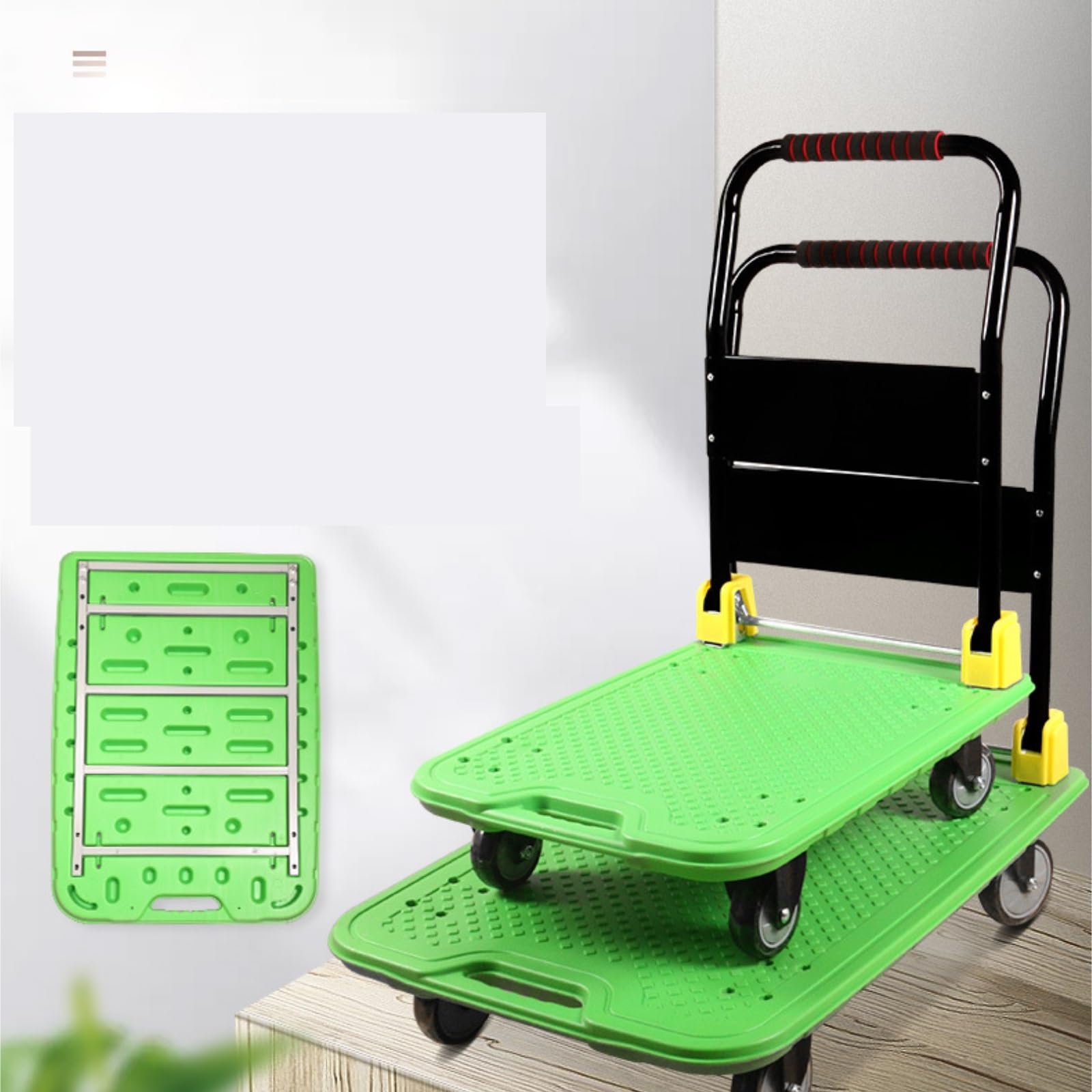 Carro de Empuje, Plataforma móvil Plegable, Ruedas reforzadas y engrosadas, Carro con Ruedas de Color Verde. Carro de Mano
