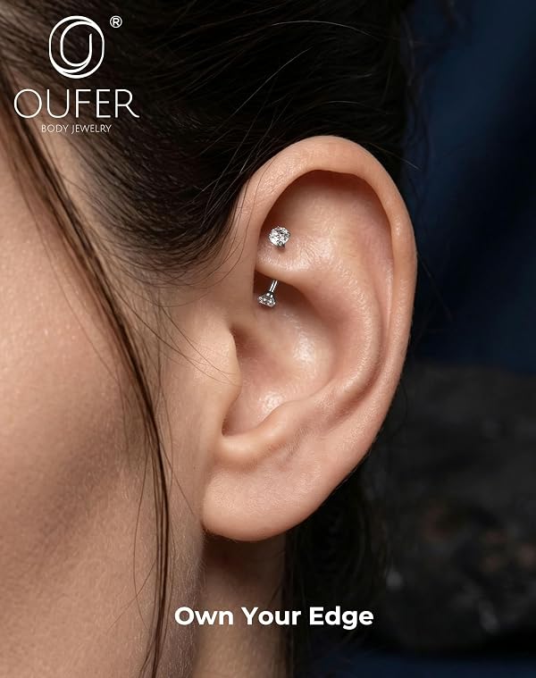 OUFER 16G Sparkling Silver Eyebrow Piercing Jewelry,Moissanite Rook Earring by OUFER - Used condition - Image 2