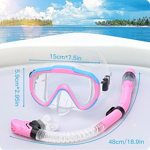 Miniatura 8 de Juego de esnórquel para niños, máscara de esnórquel con parte superior seca para niños, máscara de buceo con vista panorámica antivaho, equipo de