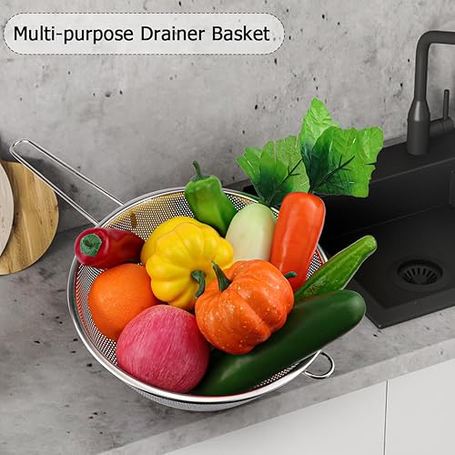 Miniatura 7 de Colador de acero inoxidable con mango largo, colador de cocina multiusos de malla fina para colar, enjuagar, freír, cocinar al vapor y cocinar