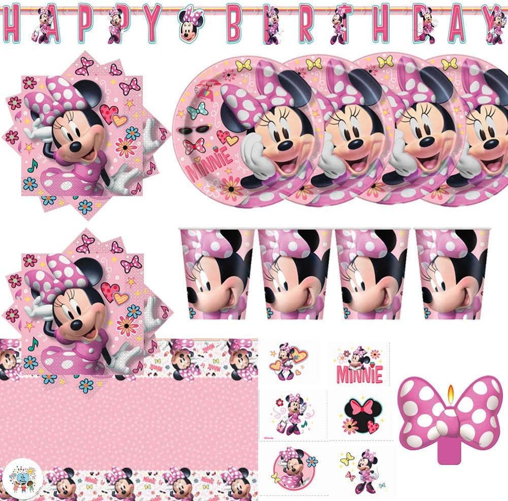 Minnie Mouse Birthday Party Supplies Pack For 16 Guests With Plates, Cups, Napkins, Table Cover, Tattoos, Birthday Banner, Candle and an Exclusive Pin, by Another Dream
