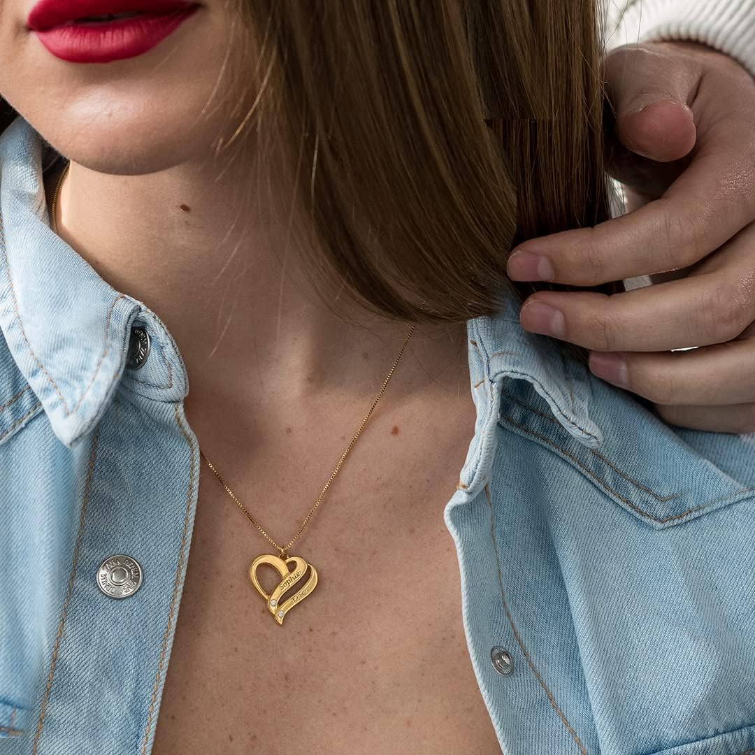 Personalized Heart Necklace with Engraved Names - Sterling Silver, Gold Plated or Solid Gold - With Birthstone or Diamond options - Up to 4 Inscriptions
