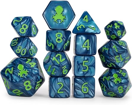Krakens Signature Cadet Blue 14pc Dice Set Inked in Green