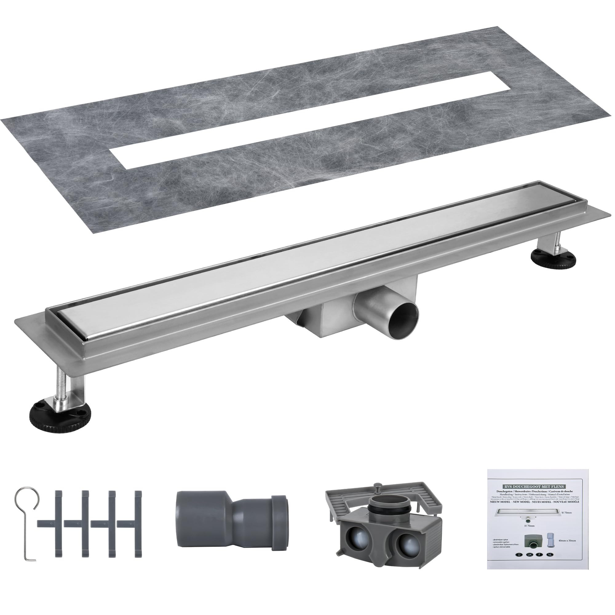Warmfay Duschrinne 60 cm, Befliesbare Edelstahl Extra Flach Duschablauf, Bodenablauf Dusche Komplettset inkl. Haarsieb Siphon Geruchsstop - Randablauf