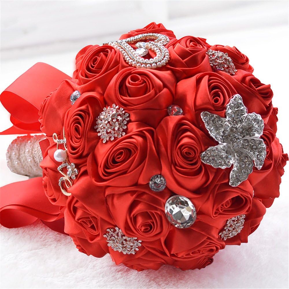 Romantic Wedding Bride Holding Bouquet Roses with Diamond Pearl Ribbon Valentine's Day Bouquet (Ivory)