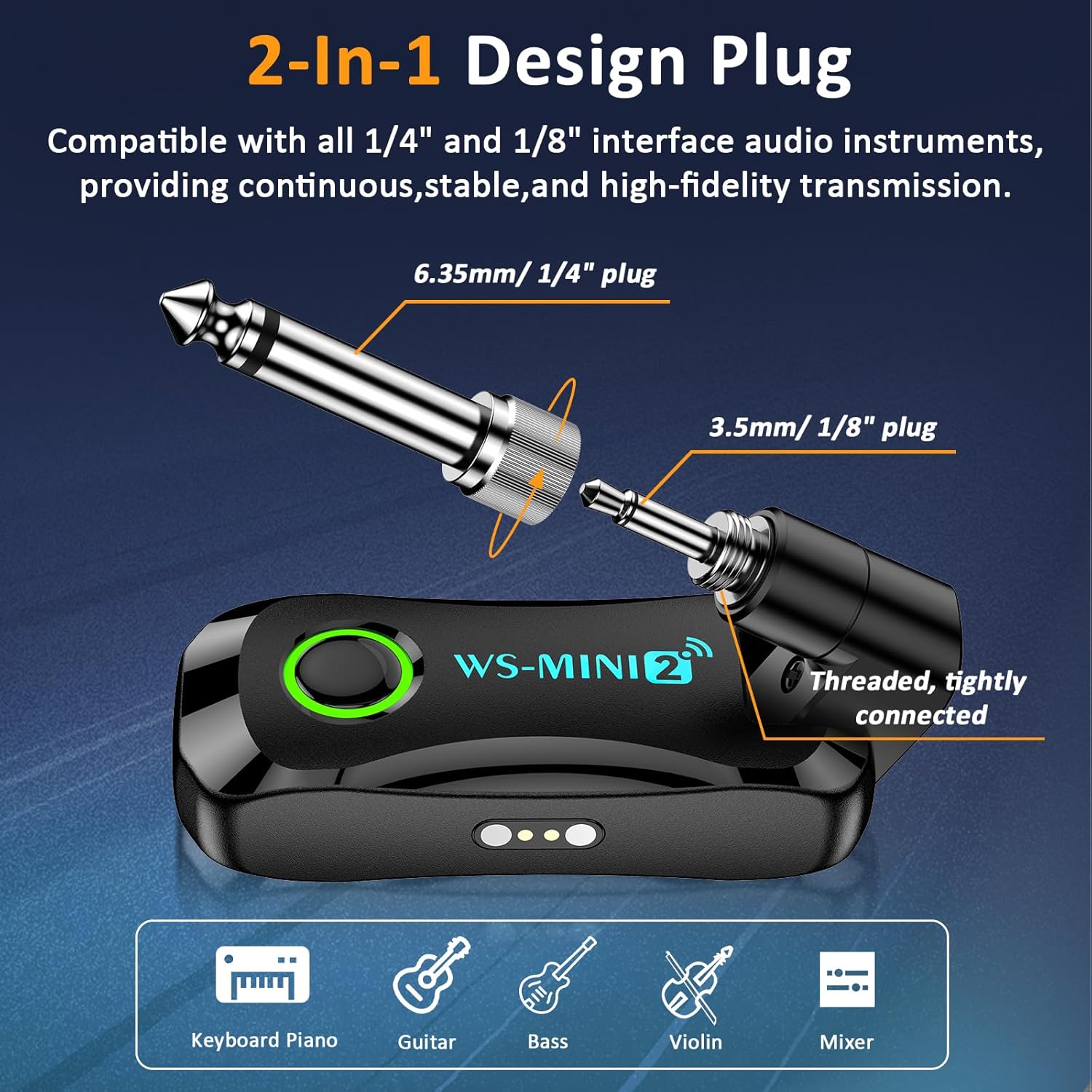 2.4GHz Wireless Guitar System With Charging Case, Rechargeable Transmitter Receiver, 4 Channels for Electric Bass, Black