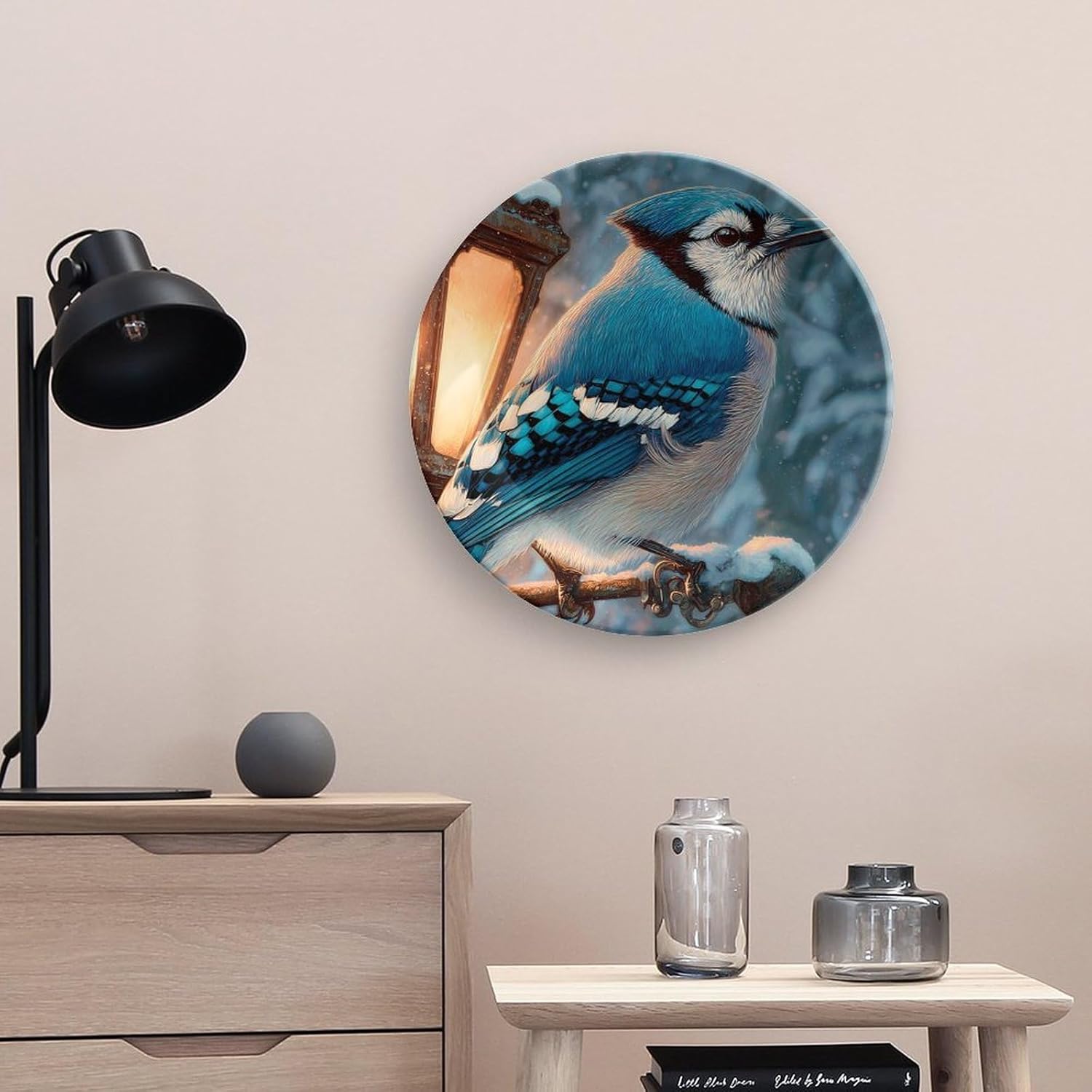 Blue Jay Bird Snowy Day Printed Decorative Plate with Display Stand Handmade Ceramic Ornament Hanging Wall Decor for Foyer Home Office