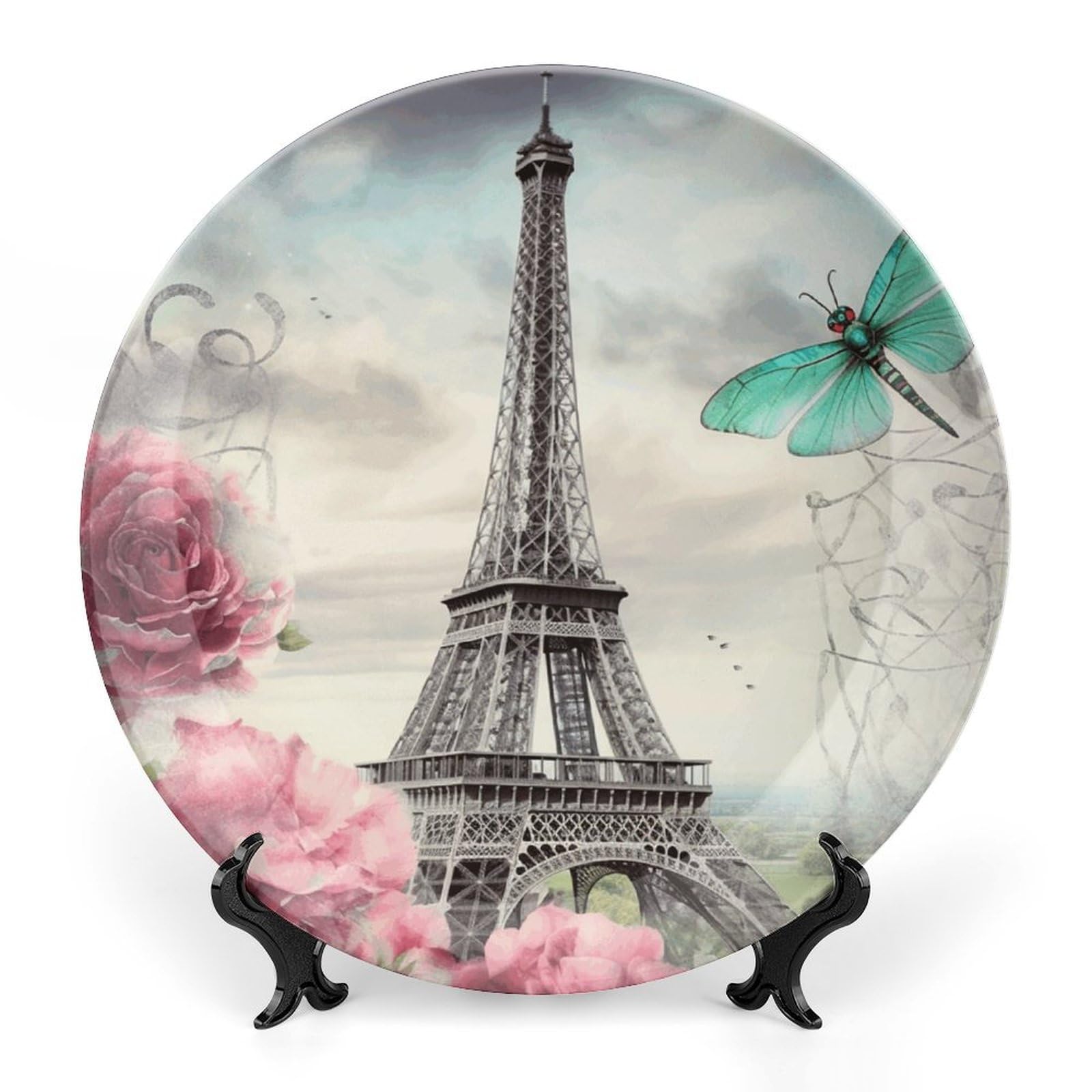 Assiette céramique décorative libellule porcelaine support vertical vacances