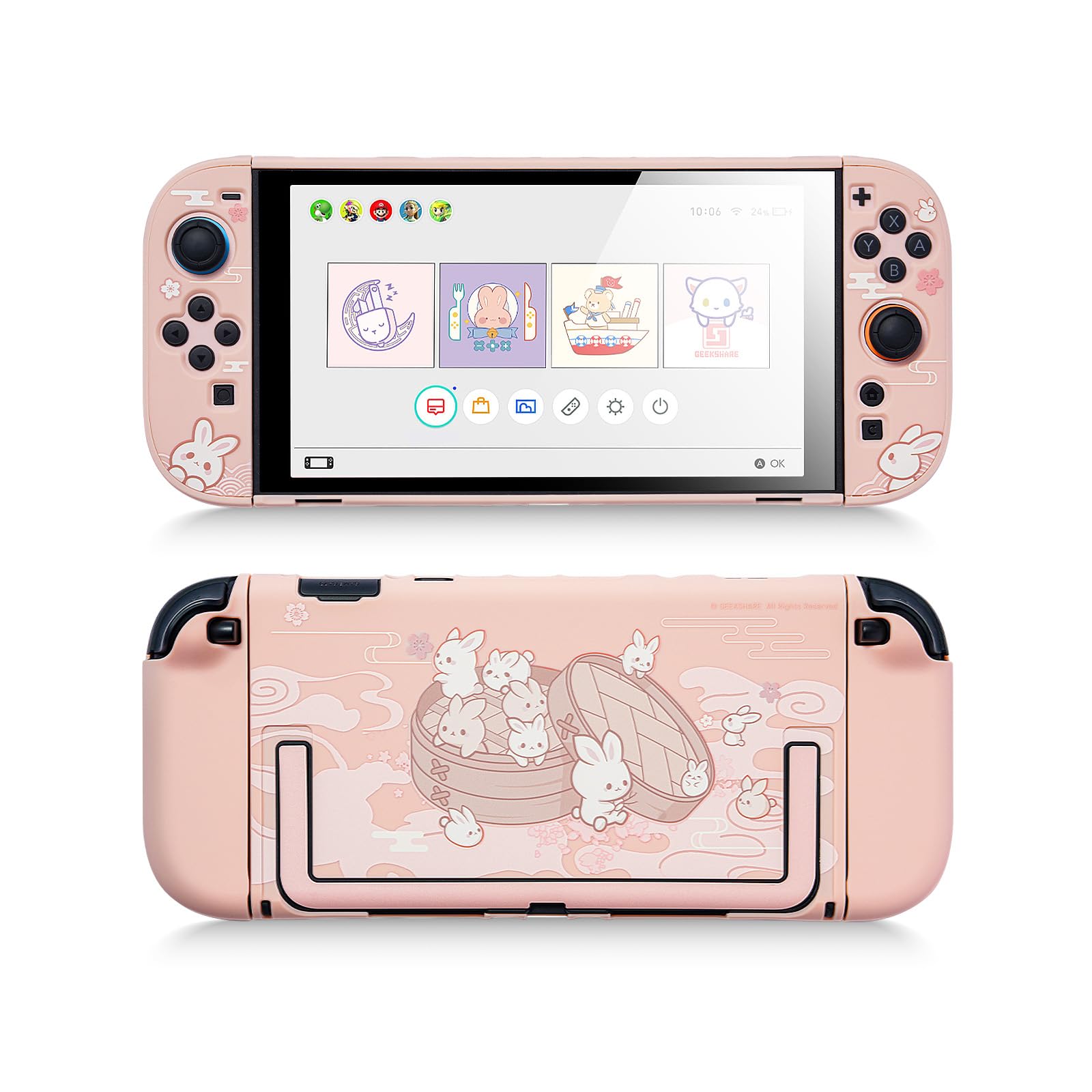 GeekShare Switch2カバー switch2対応 スイッチ2025 スイッチカバー PC製 joy con 保護 分体式 全面保護 薄型 傷防止 汚れ防止 対応耐衝撃 取り外し簡単 可愛い (ウサギまん（ピンク）)