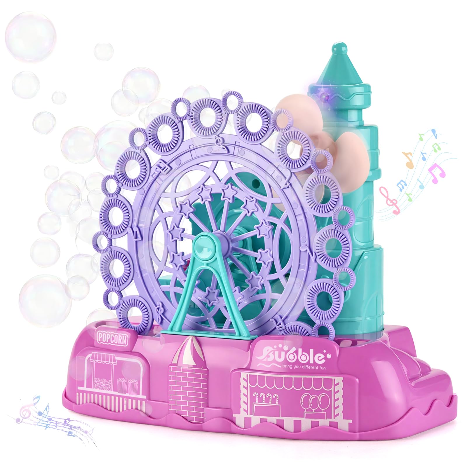 Toys for 3+ Year Olds Kids: Ferris Wheel Bubble Machine with Music LED Lights Gifts for Age 3 4 5 6 7 8 Toddlers Girls Boys Birthday Automatic 2-in-1 Handheld Tabletop Bubble Blower Outdoor Parties
