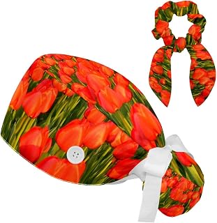FVQL 2 Pieces Surgical Cap for Long Hair Scrub Cap with Hairband Nurse Cap, Flower Tulip Field Pattern