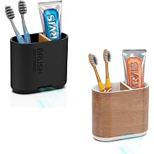 Chintu Toothbrush and Toothpaste Holder with Bamboo Divider for Bathroom Countertop Organizer for Family-Black+Wood Grain