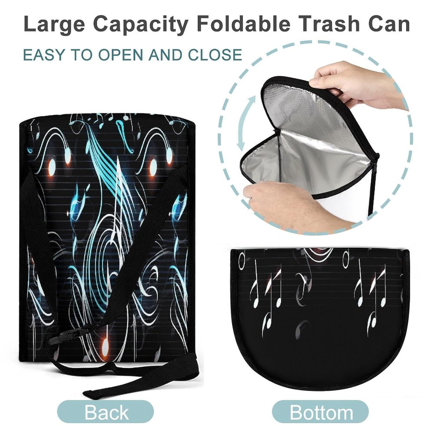 Music Note Car Trash Bag 5.4 Gallon Foldable Waterproof Car Trash Can Hanging Car Garbage Bag with Lid Smell Proof Leakproof Vehicle Garbage Organizer for Auto, SUV image 5
