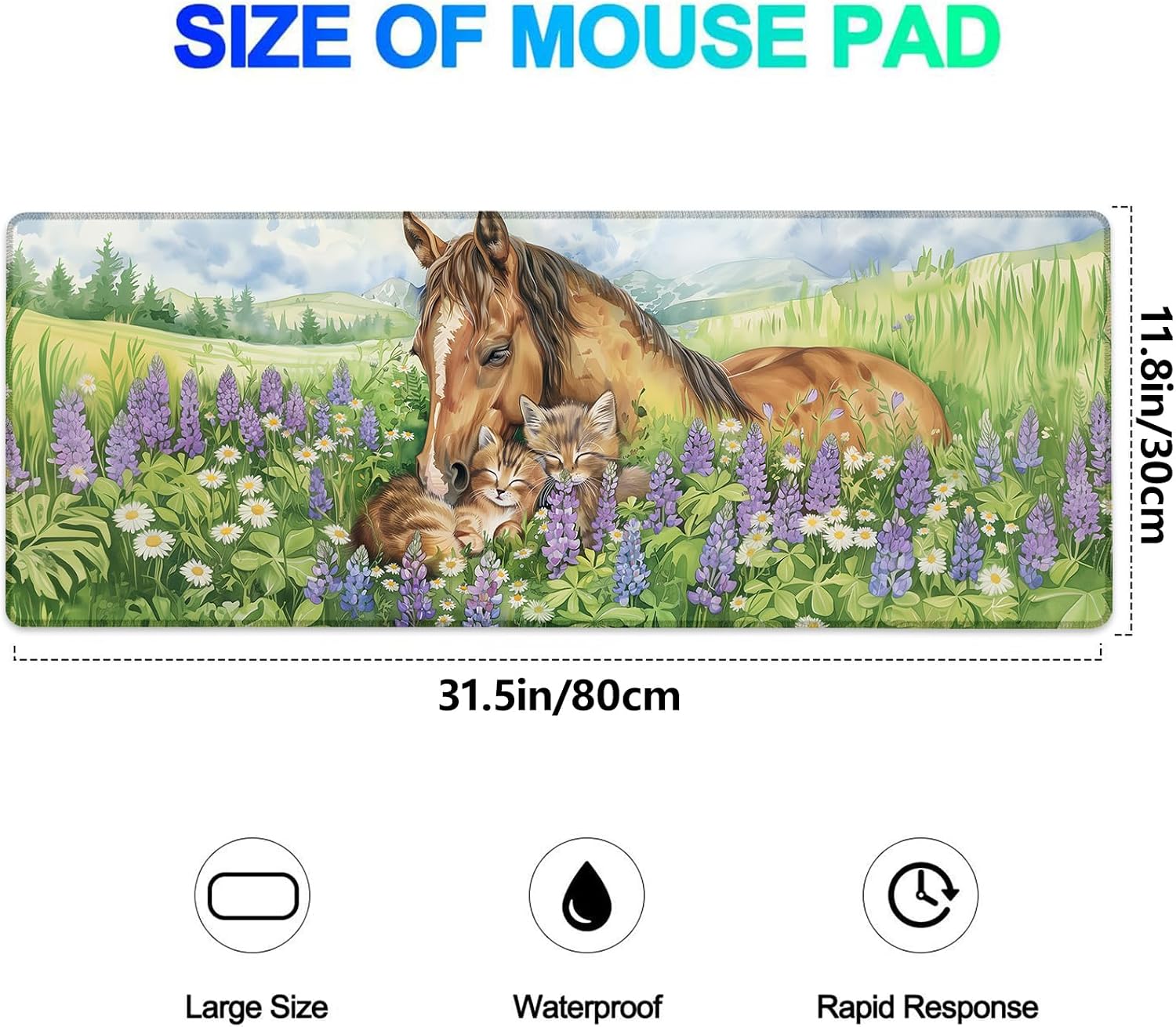 Tranquil Horse and Cats Gaming Mouse Pad, Extended Cute Animal Desk Mat Computer Laptop Mousepad, Robust Stitched Edges, 31.5"×11.8" Large Office Keyboard Mouse Pads for Home Desktop Decor image 3