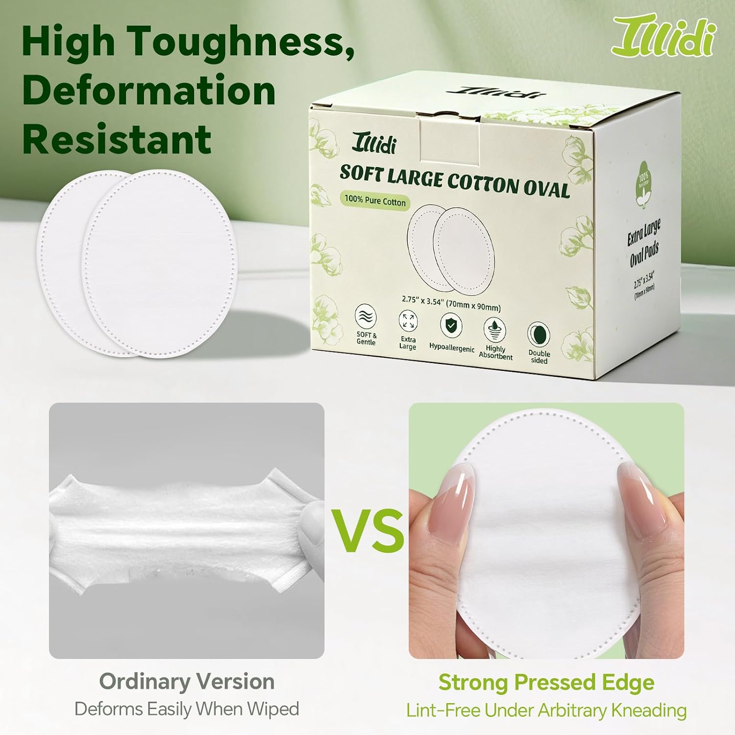 ILLIDI 100% Pure Cotton Oval Pads, 100 Count Ultra Soft Locked Edge Cotton Pads, Lint-Free Hypoallergenic Facial Makeup Remover Pads for Sensitive Skin