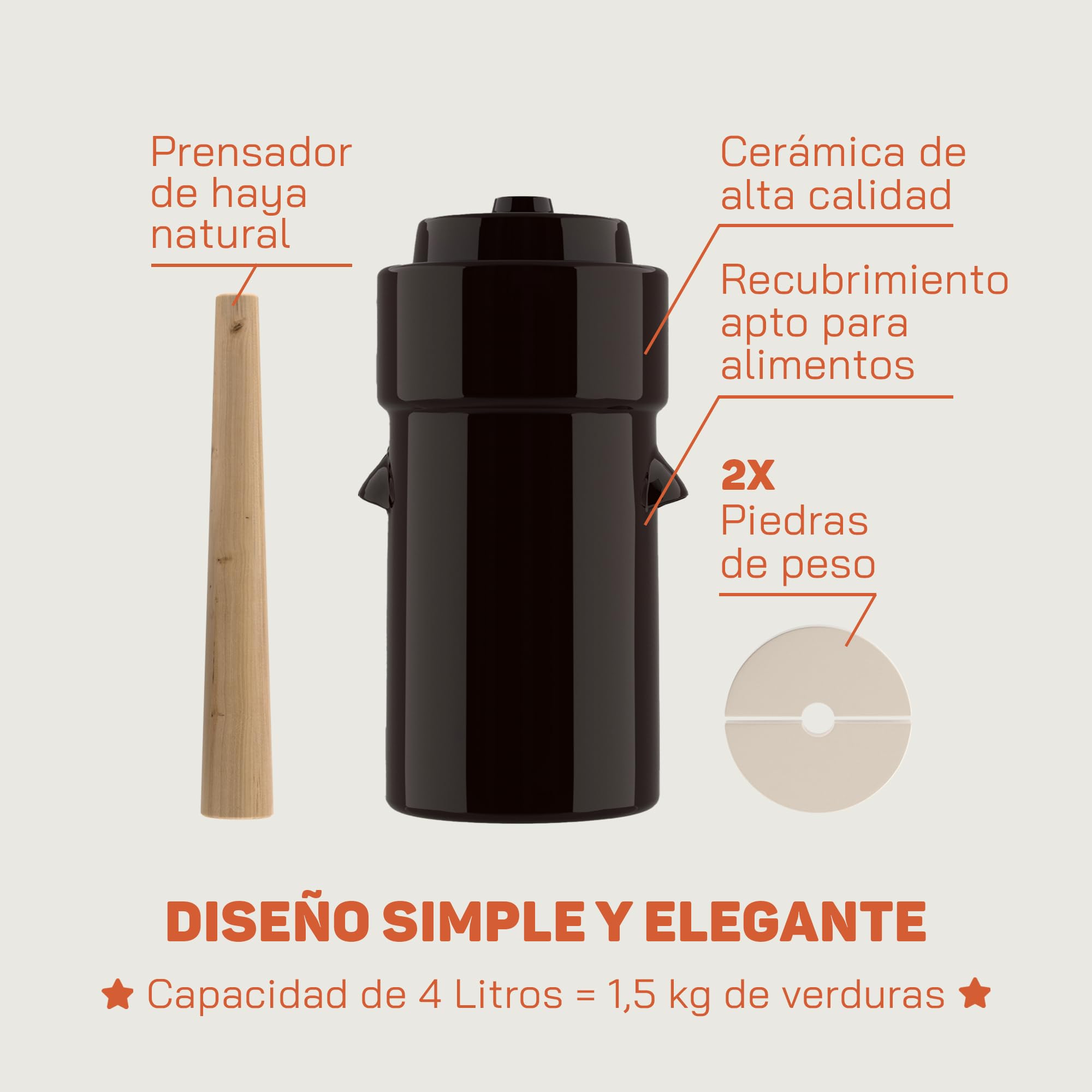 Kenley Bote de Fermentación de 4 Litros con Pesas, Tapa y Macerador | Olla de Gres para Fermentar o Encurtir Kimchi, Chucrut, Pepinillos, Verduras, Kombucha - Fermentador de Cerámica