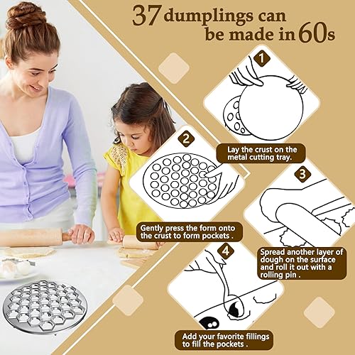 Miniatura 4 de Molde de prensa para hacer albóndigas rusas, máquina de ravioles con 37 agujeros de aleación de aluminio, molde de pelmeni manualmente ruso para