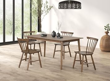 MASARA Modern 7-Piece Dining Set, Walnut Wood Table and Chairs, Spindle Back Design