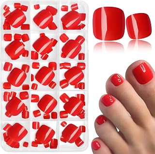 180Pcs Red Press on Toenails Short Fake Toenail Glue ons, Glossy Acrylic False Toe Press on Nails Artificial Toe Nail Tips for Women Girls