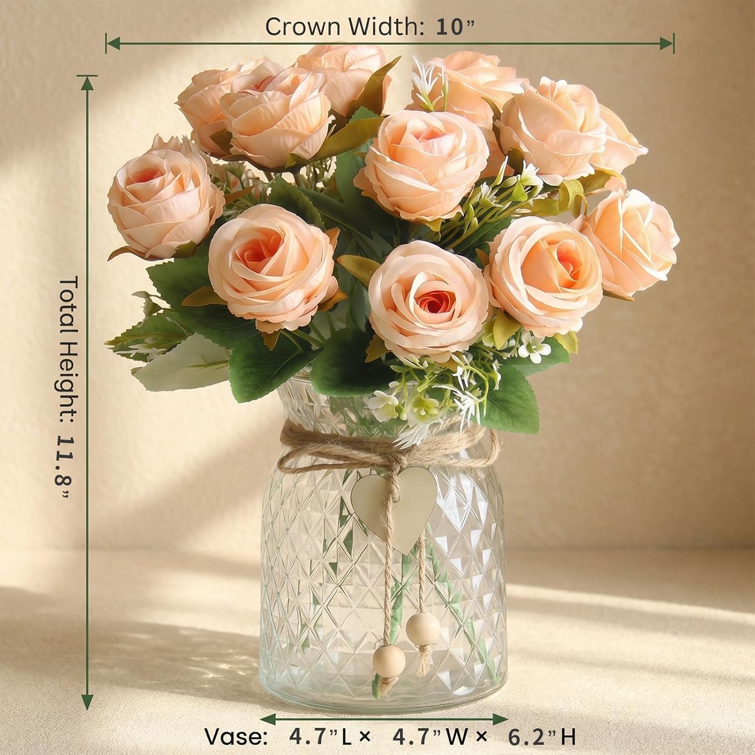 Faux Flowers in Vase, 18Pcs Fake Rose Flowers with Vase, Artificial Flowers Home Decor, Indoor Centerpiece for Living Room & Dining Table, Champagne