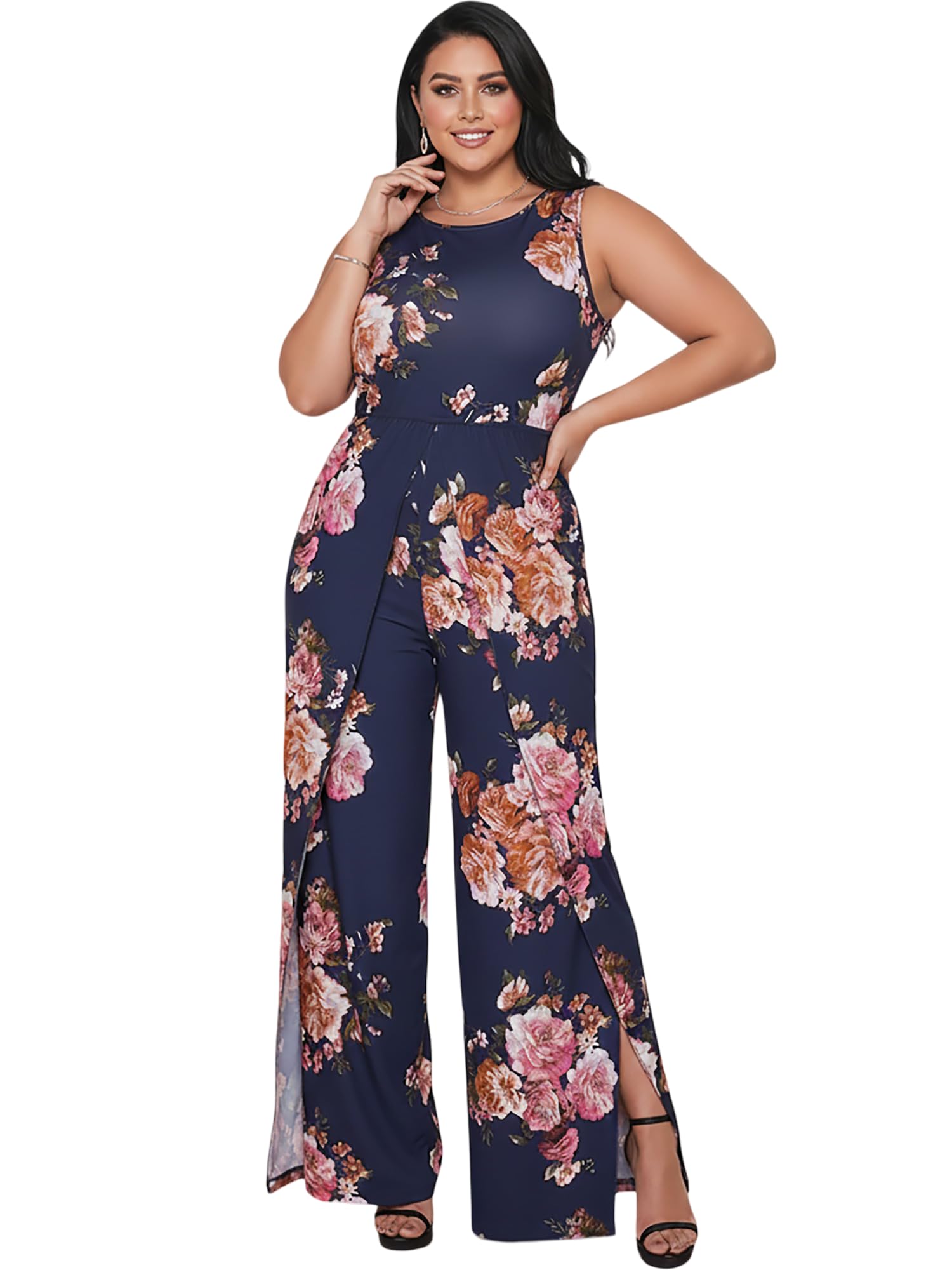 KOH KOH Womens Floral Print Sleeveless Wide Leg One Piece Romper Jumpsuit