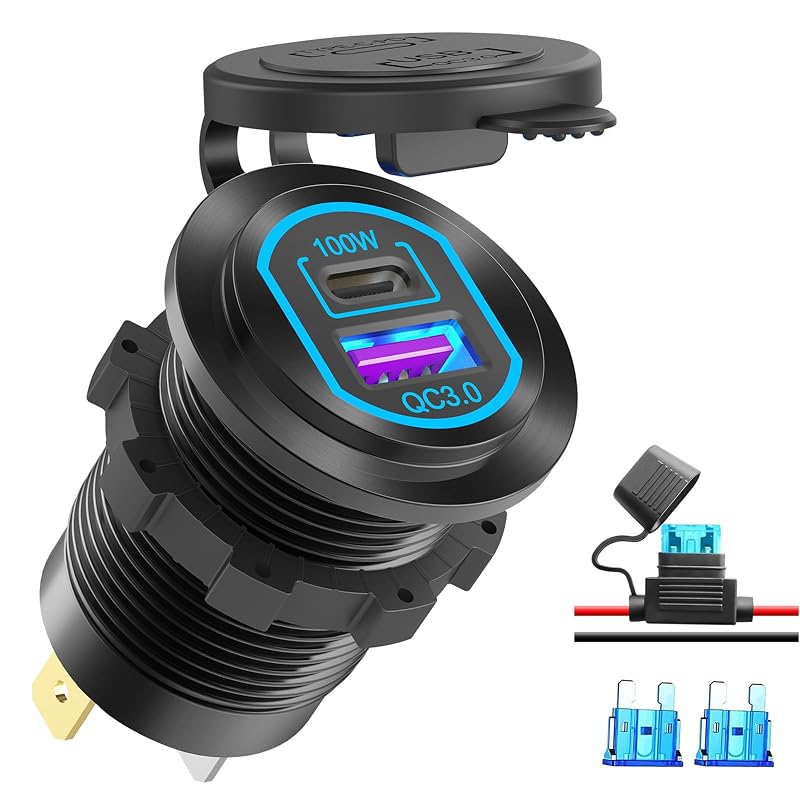 Carregador automotivo USB-C PD de 100 W e USB-A QC3.0 18 W, 12–24 V, com corpo de alumínio e iluminação LED Hapytrip