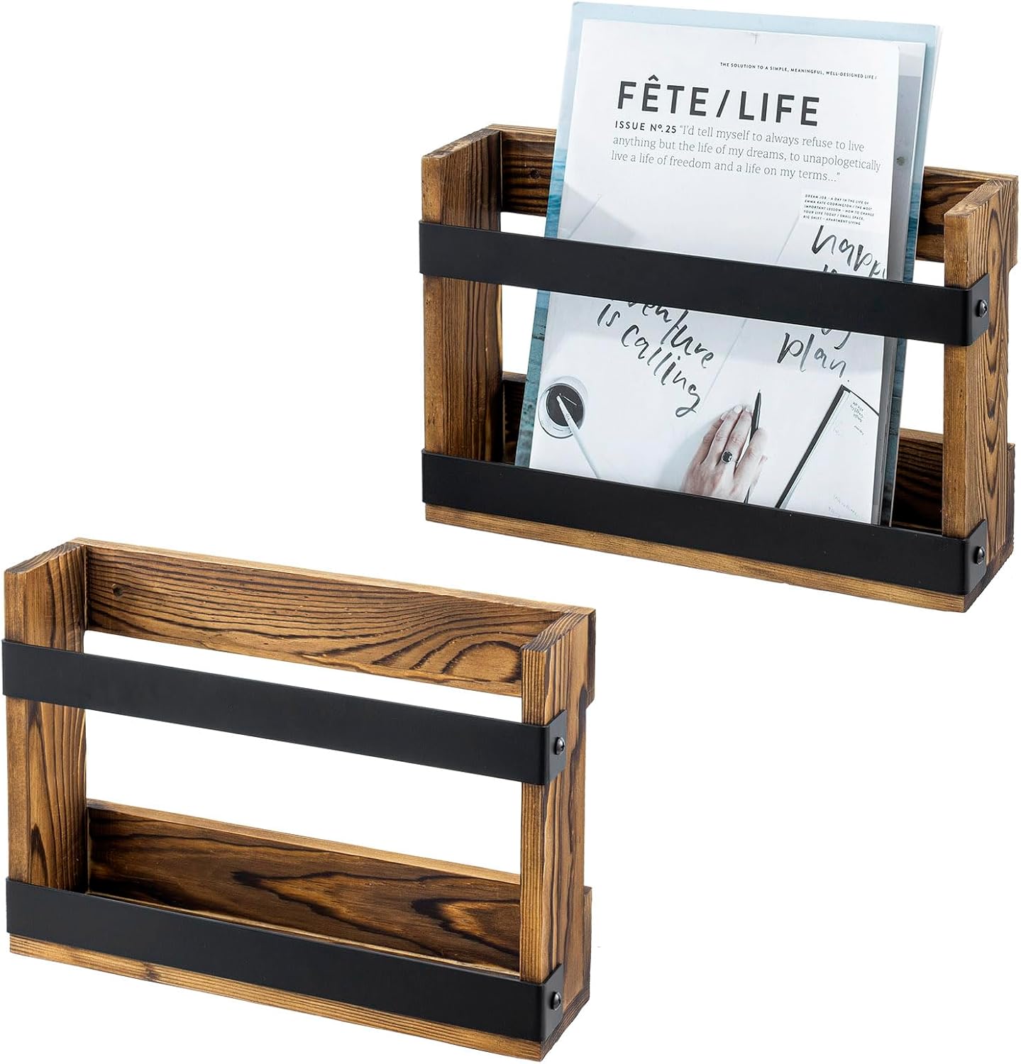Amazon.com: MyGift Set of 2 Rustic Burnt Wood and Matte Black Metal ...