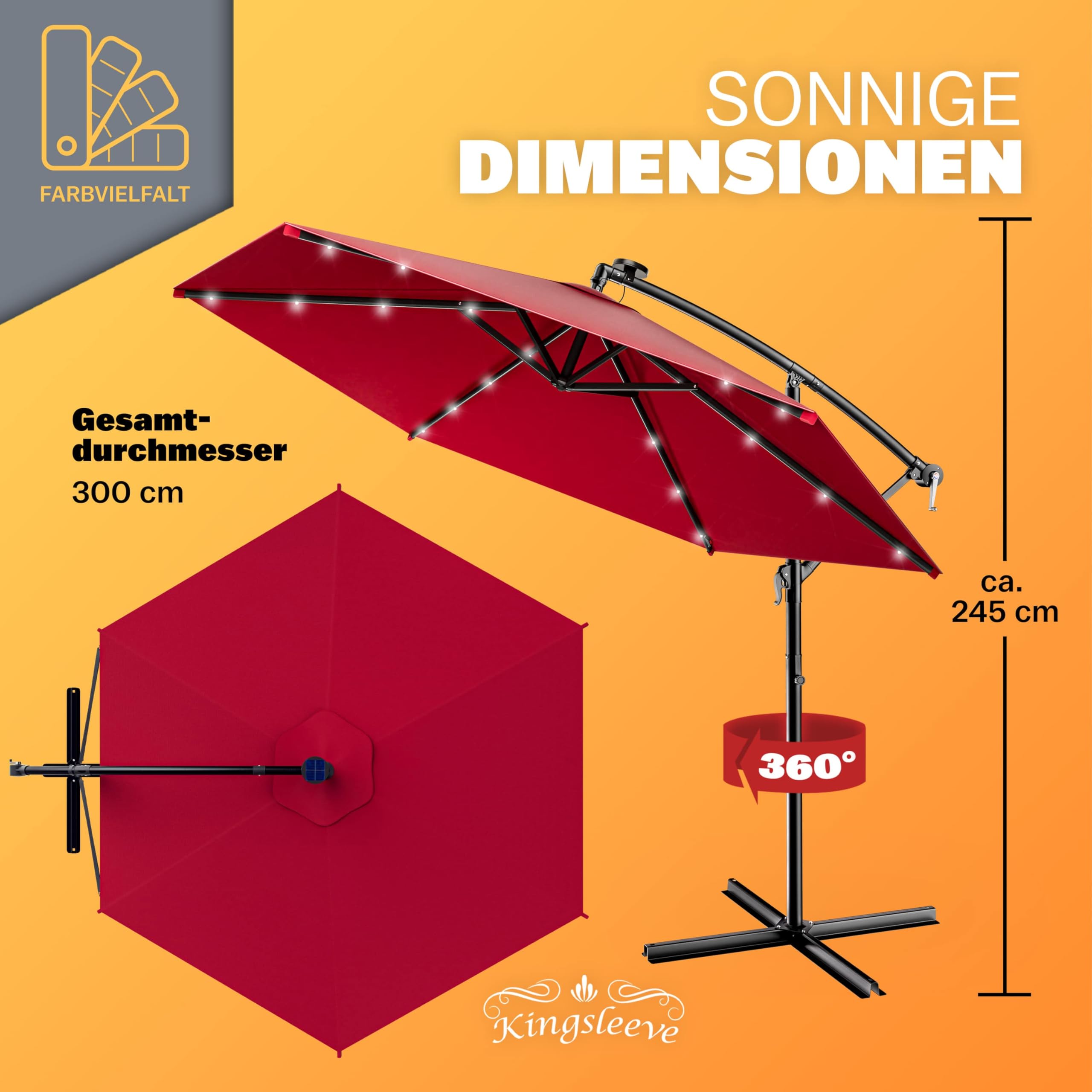 Kingsleeve® Ampelschirm LED Beleuchtung UV Schutz 80+ Solar Ständer Schutzhülle Windsicherung 300cm Groß Kurbel Balkon Terrasse Garten Sonnenschirm Rot