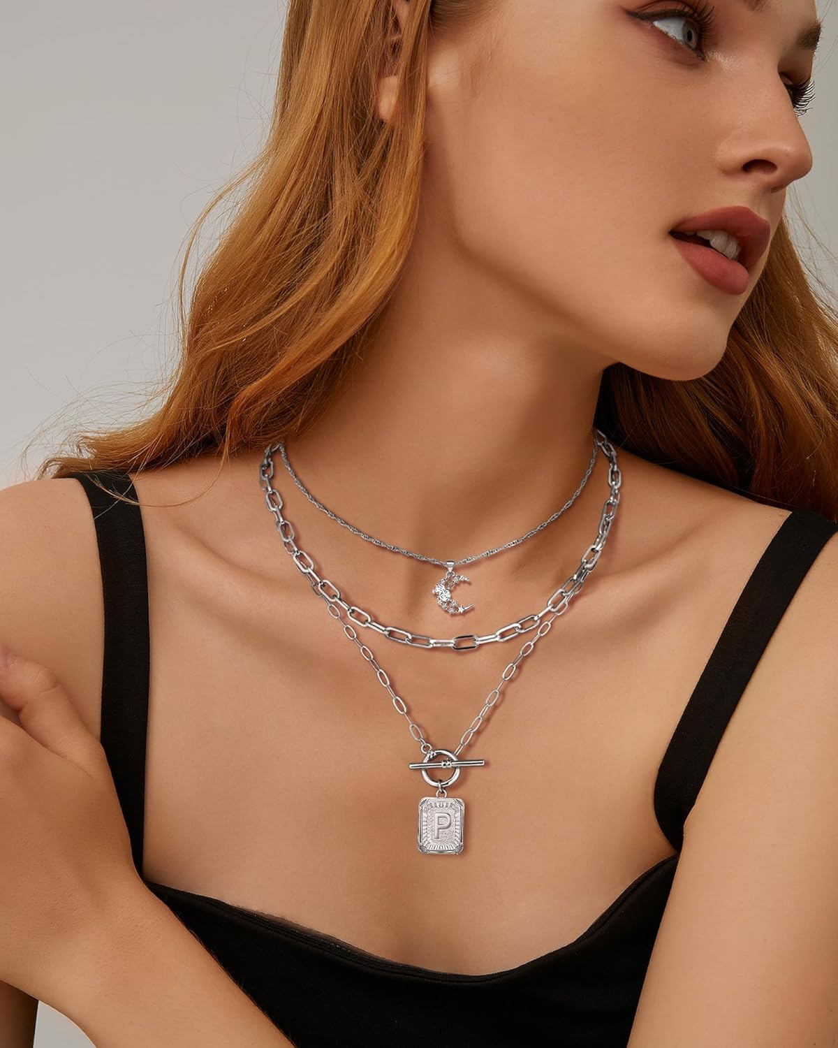 MJartoria Layered Initial Necklaces for Women Trendy, 14K Gold Plated Brass Simple Moon Choker Square Letter Pendant Necklace, Paperclip Chain Necklaces Jewelry Gifts - Image 8