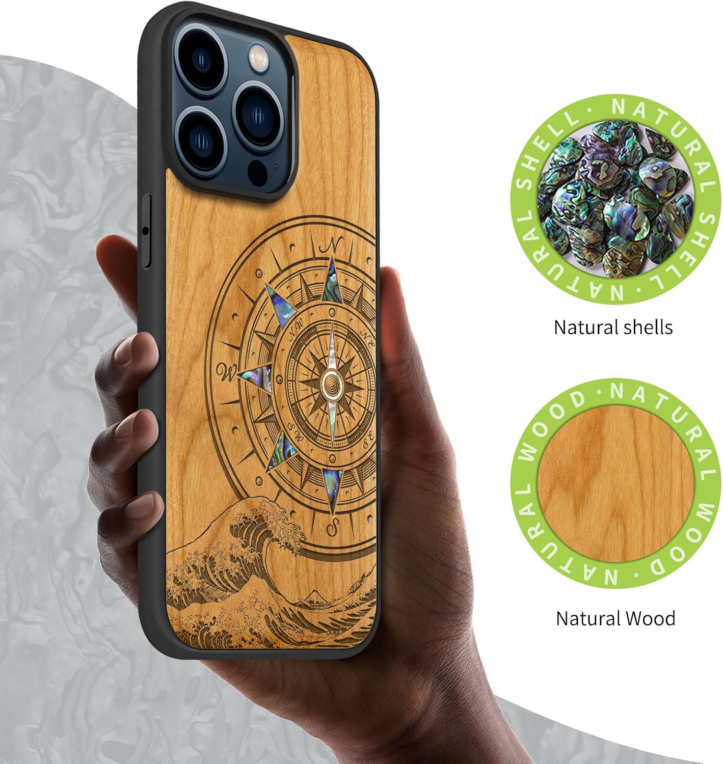 Carveit Wooden Case for iPhone 15 Pro Max Magnetic Case, Compatible with MagSafe Wireless Chargers, Shockproof Cover, Handmade Shell Inlaid & Wood Artisan Engraved (Wave Compass) Cherry