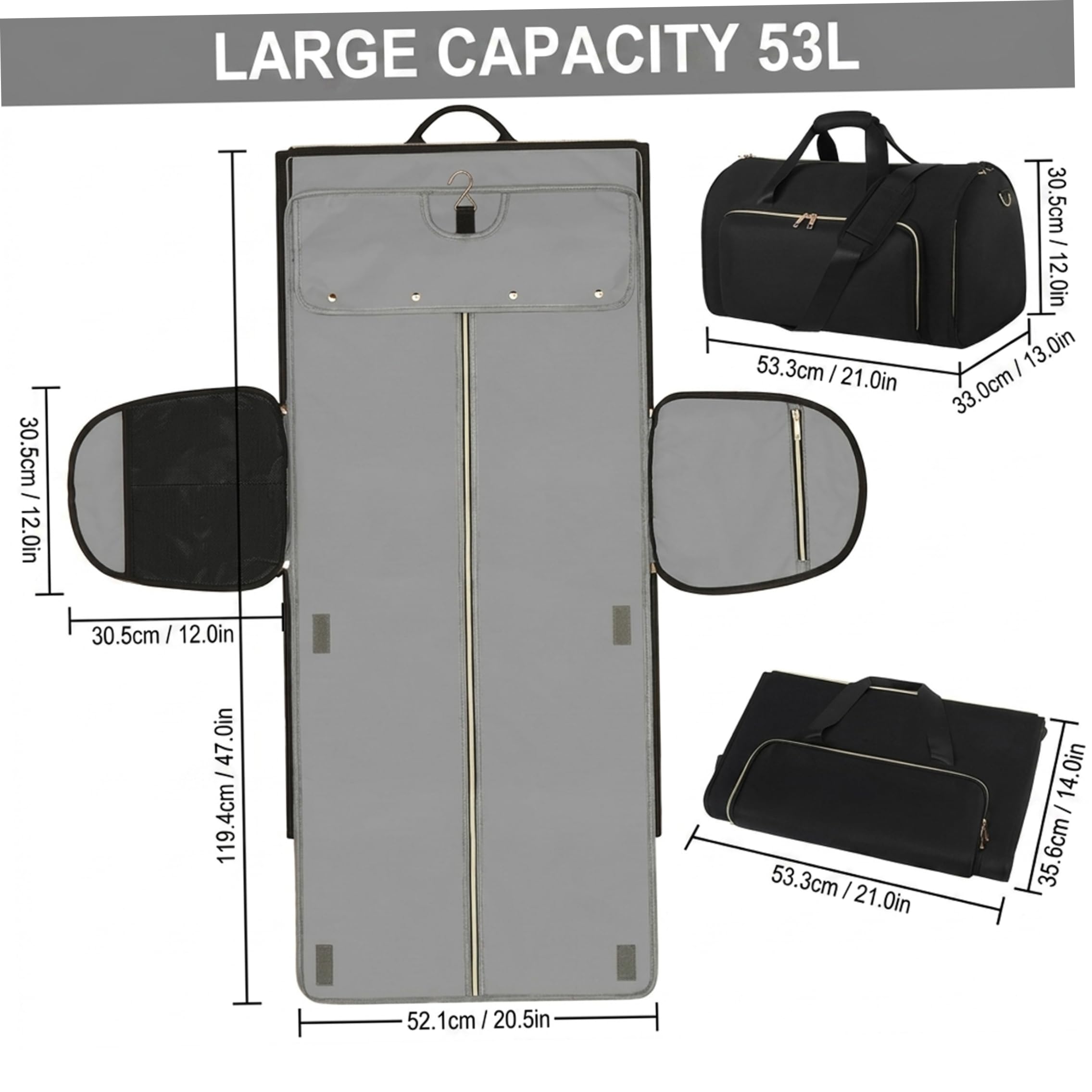 Reise Kleidertasche für Halbtagestouren, 3 in 1 Anzugtasche, Reise Kleidertasche – 53 l, wandelbar als Rucksack/Handtasche, Schwarz, Anzug, Reisetaschen