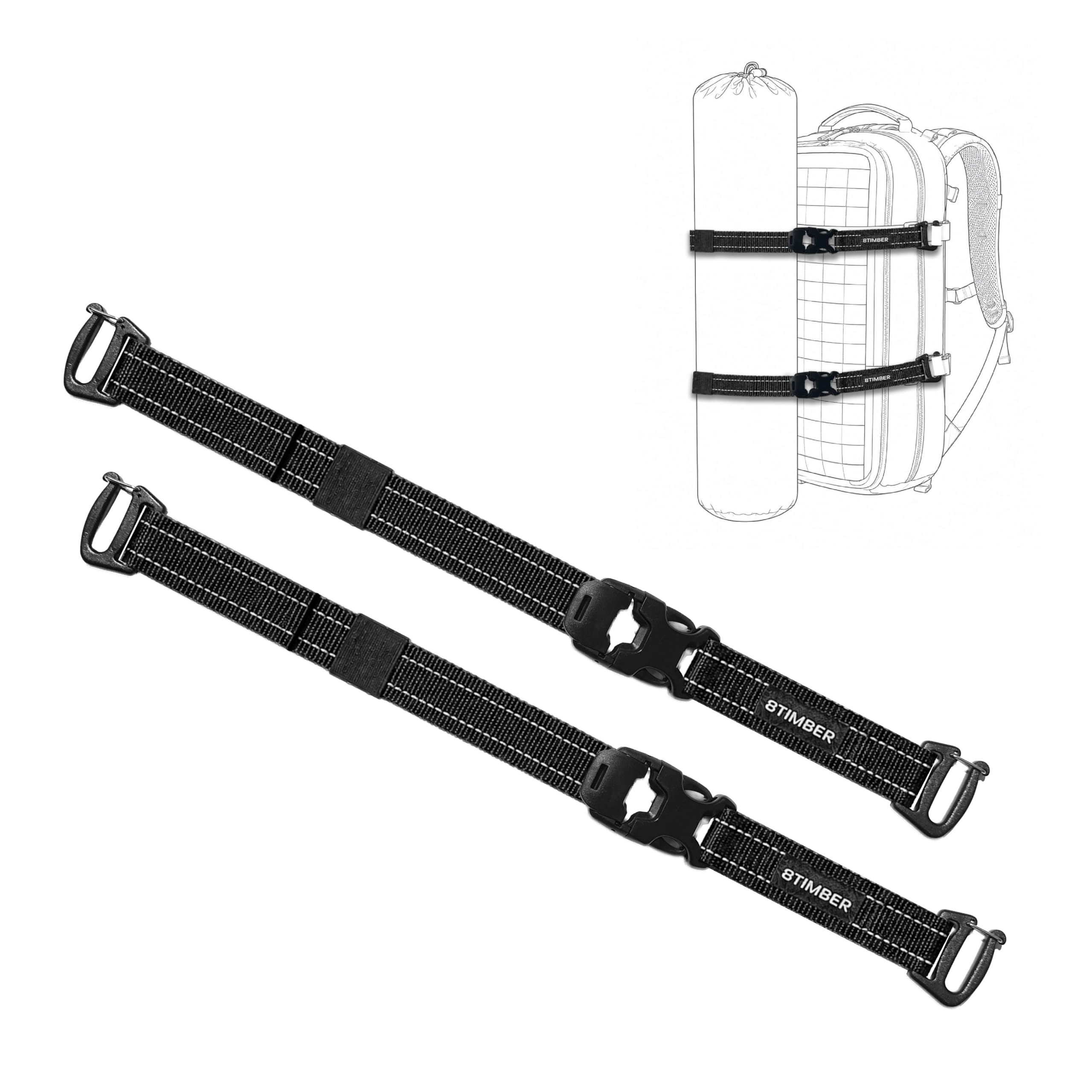 8TIMBER Backpack Straps 2-Pack – Adjustable Compression Straps with Plastic Side Release Buckles – Durable Webbing Straps for Backpacks and External Carry – Secure, Lightweight, Easy Attachment