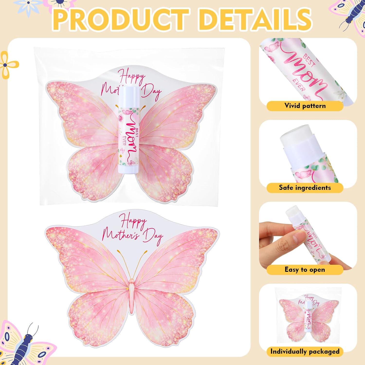 Maitys 25 Pack Mother's Day Lip Balm Gifts Bulk Best Mom Ever 5 Flavors Lip Balms with Butterfly Cards Individually Wrapped for Mother's Day Party Favors Thank You Gifts for Mom