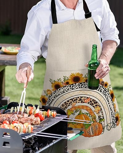 Miniatura 5 de Fall Thanksgiving Bib Aprons with Pockets Waterproof, Adjustable Apron for Men Women Pumpkins Sunflower Botanical Rustic Burlap