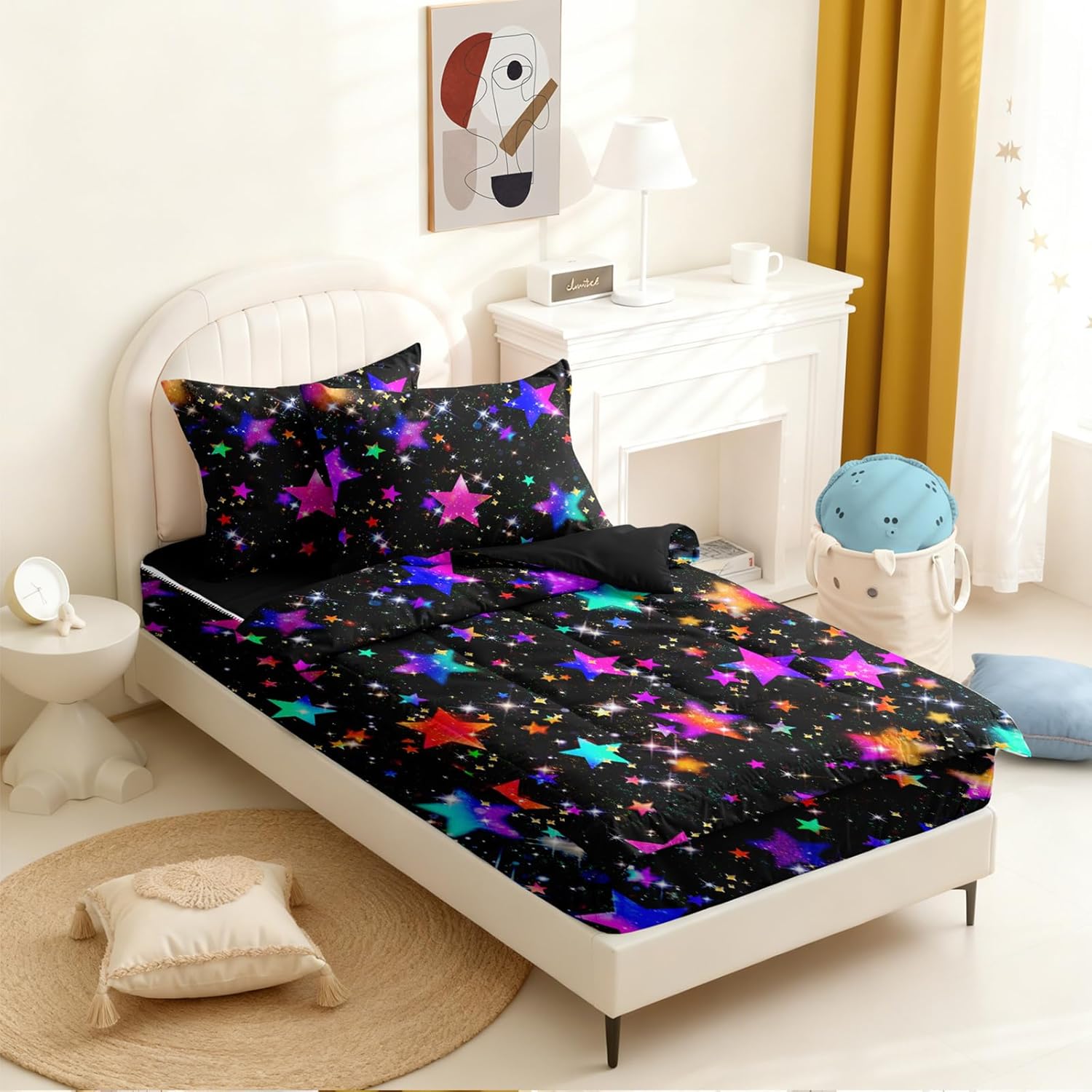 Kids Comforter Set,Zipper Bedding Twin for Teen,Stars Printed Comforter Set with Fitted Sheets and Pillowcases for All Season(Stars Twin)