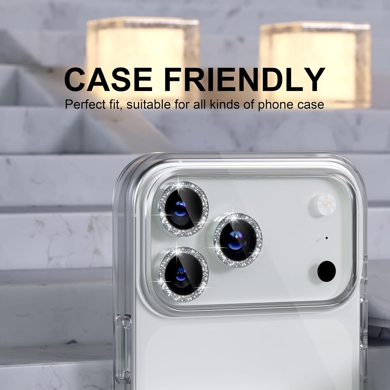 Choiche Compatible for iPhone 17 Pro/iPhone 17 Pro Max Camera Lens Protector Bling, 9H Tempered Glass Camera Cover Screen Protector Metal Ring Decoration Accessories (Glitter-Silver)