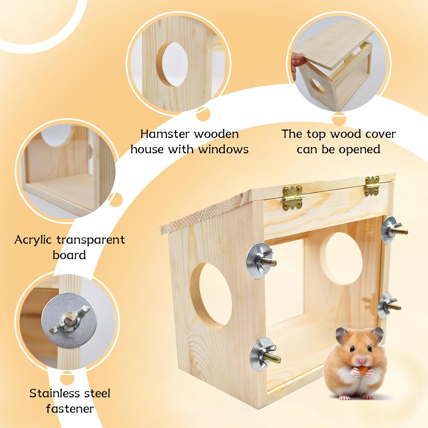 Sand Bath Box for Hamster,Visible Small Animal Digging Box Wooden Chinchilla House Hideout Dust Bath Hamster Bathroom Accessories with Acrylic Plate Chew Toys for Dwarf Syrian Gerbils Mice