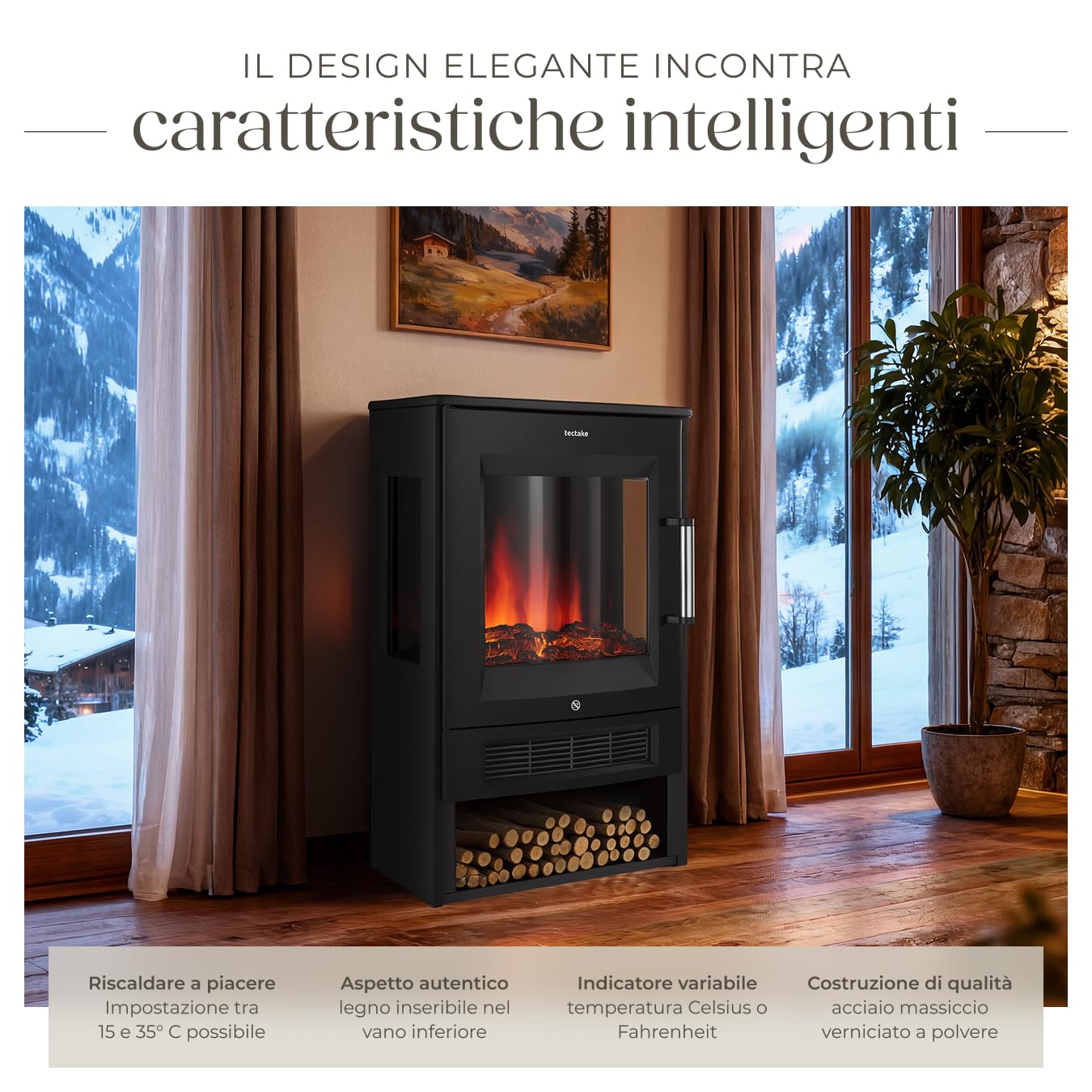 tectake® Caminetto elettrico da terra, 44 x 75 x 36 cm, Camino Elettrico Smart, 2 livelli di calore 900/1800 W, fiamma 3D, 8 colori, 5 livelli luminosità, app Tuya, telecomando, timer, Stufa Elettrica